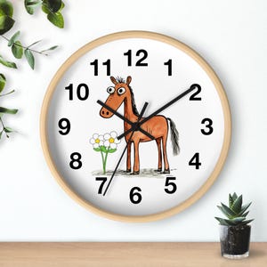 Reloj de pared con diseño de caballo para habitación infantil, con diseño minimalista de animales de granja, con un divertido reloj de caballo y decoración floral.