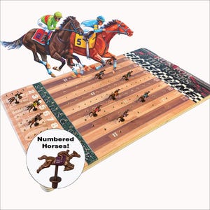 Brown Striped Track Horse Race Game with Numbered Horses (solid metal). up to 30”x18” size, Dice, Cards, Gambling, Party Game