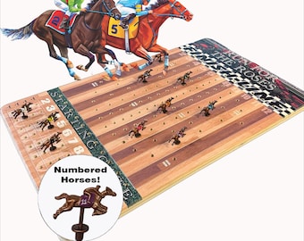Brown Striped Track Horse Race Game with Numbered Horses (solid metal). up to 30”x18” size, Dice, Cards, Gambling, Party Game