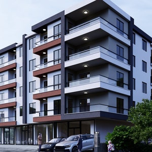 Puede incluir: Un edificio de apartamentos moderno con un exterior blanco y gris. El edificio tiene varios pisos con balcones y ventanas. Hay árboles y coches en primer plano.
