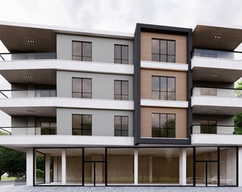 May include: Contemporary multi-storey building with a grey facade, white balconies, and large windows. The building features a section with wood panelling and a ground floor with glass storefronts. The design is modern, with clean lines and a minimalist aesthetic.