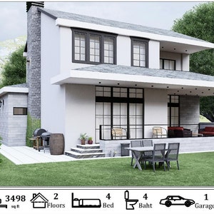 Architectural Project House Plan | 4 Bedroom 4 Bathroom House | 2 Story Floor plan| 42'10'' x 59'9'' | PDF & CAD File(Imperial+Metric Units)