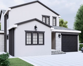 Modern 4 Bedroom House Plan: 2 Story Architectural Design (PDF & CAD File)