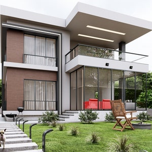 Può includere: Una casa moderna a due piani con una grande parete di vetro e un patio con sedie rosse e un focolare. La casa ha un rivestimento in legno marrone e un tetto bianco. C'è un piccolo cane nel giardino anteriore.