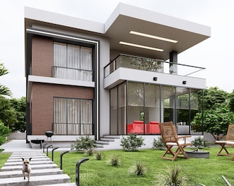 May include: A modern, two-story house with a large glass wall and a patio with red chairs and a fire pit. The house has a brown wood siding and a white roof. There is a small dog in the front yard.