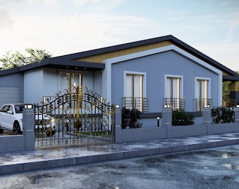 Può includere: Una casa moderna a un piano con un esterno grigio e un tetto nero. La casa ha un grande cancello in ferro battuto di fronte. C'è un'auto bianca parcheggiata nel vialetto.