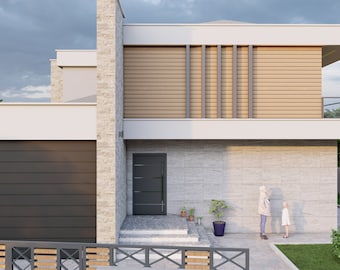 May include: A modern two-story house with a gray stone exterior, a black garage door, and a wooden slatted facade. The house has a white roof and a small front porch with a gray door.