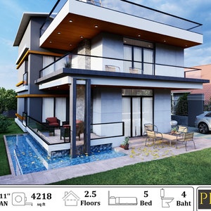 Plattegrond huis | 5 slaapkamers en 4 badkamers | 2.5 Verhaal | 4218 SQFT | CAD- en pdf-bestand (imperial+metrische eenheden)