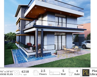 Modern 5 Bedroom House Plan: 2-Story with CAD & PDF