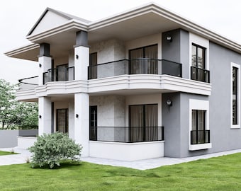 May include: A two-story house with a white exterior and gray accents. The house has a balcony on the second floor and a patio on the first floor. The house is surrounded by green grass and trees.