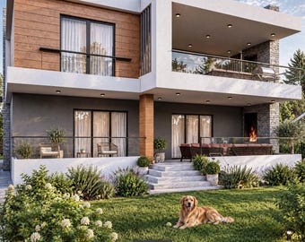 Peut inclure: Une maison moderne à deux étages avec des murs extérieurs blancs et en bois, des accents en pierre et des balcons en verre. Un golden retriever est allongé sur la pelouse verte au premier plan. La maison dispose de grandes fenêtres.