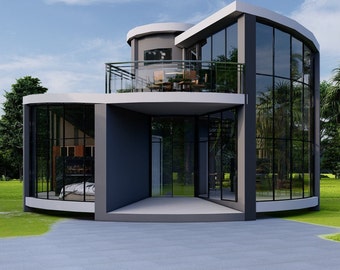 Modern Glass House Plan: 1 Bed, 1 Bath, 1761 SQFT (Free CAD File)