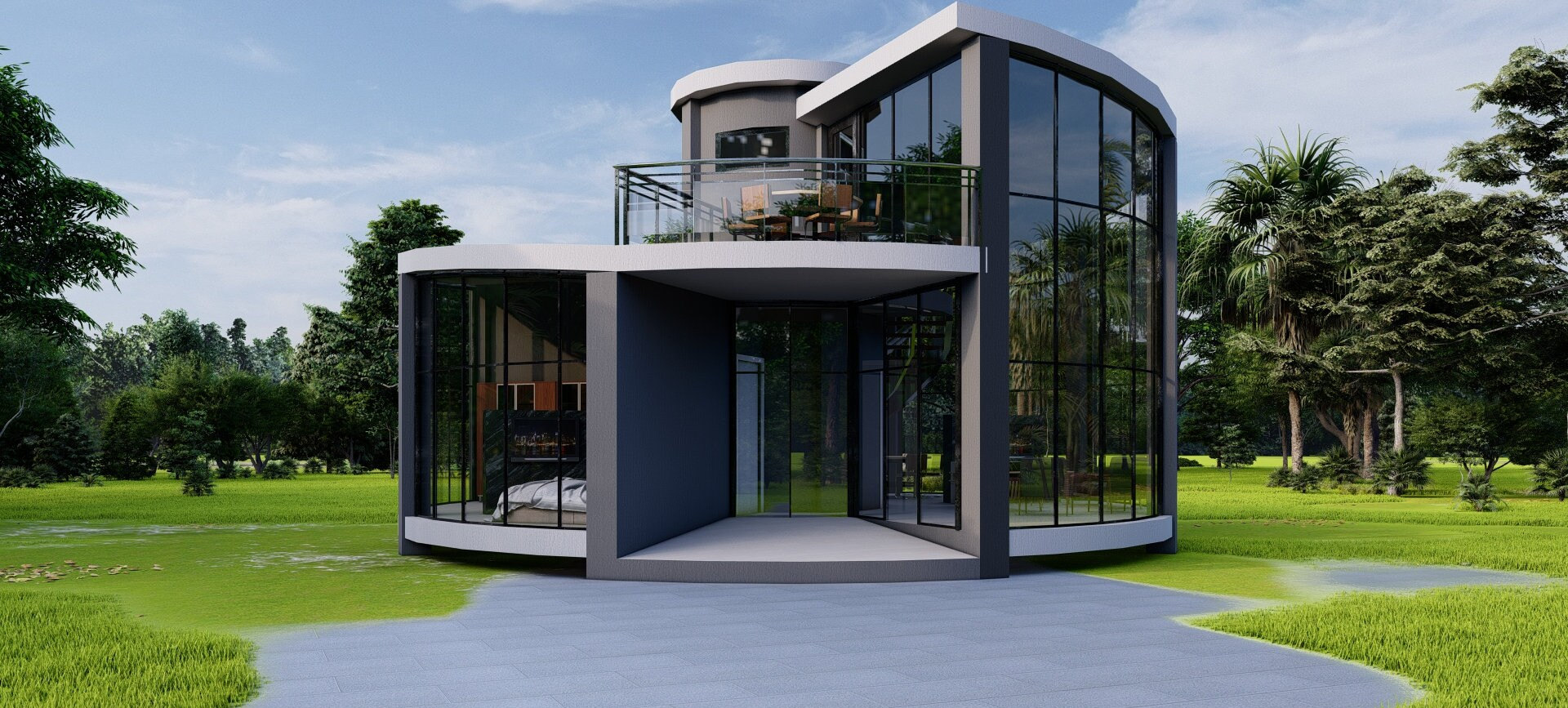 Glass House Plan | 1 Bedroom & 1 Bathroom | 38' x 38' 1.5 Story | 1761 SQFT | Free CAD file