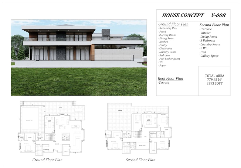 Modern 4 Bedroom House Plan With Indoor Pool (free CAD File) - Etsy
