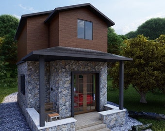 650 sq ft Tiny House Plan: 1 Bed, 2 Bath, Two-Story (Free CAD File)