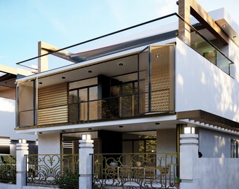 May include: A modern, two-story house with a white exterior, a wooden balcony, and a black metal fence. The house has a flat roof and large windows.
