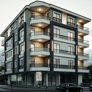 May include: A contemporary apartment building with a grey and white exterior, black detailing, and glass balconies. The building has large windows and recessed lighting, with a ground floor shop front and a car parked outside.
