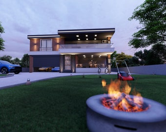 May include: A modern two-story house with a blue car parked in the driveway. The house has a large garage door and a balcony on the second floor. There is a fire pit in the front yard with a fire burning inside.