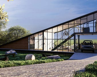 May include: A modern, glass and metal house with a wooden exterior panel. The house has a large, open living space with a staircase and a garage door. The house is surrounded by green grass and trees.