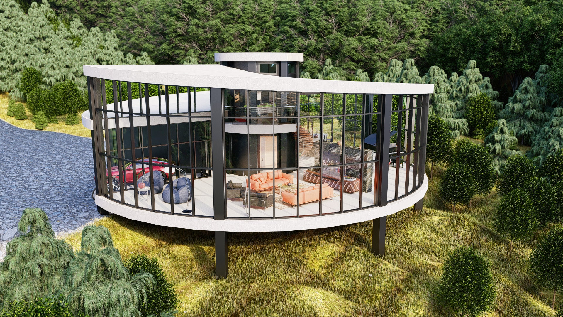 Glass House Plan | 1 Bedroom & 2 Bathroom | 1.5 Story | 3067 SQFT | Free CAD file