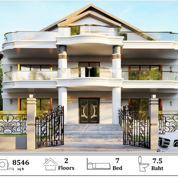 Modern 7 Bedroom House Plan: Two Story Home Blueprint (PDF Files)