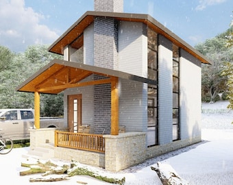 Two Story Tiny House Plan: 1 Bed, 1 Bath, 686 sq ft (CAD File)
