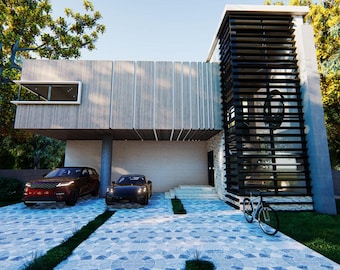May include: Modern two-story house with a contemporary design. Features a garage with two cars, a red SUV and a black sedan. The facade has a combination of concrete and wood elements, with a black slatted accent. A bicycle is parked near the entrance.