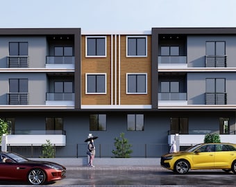 May include: A modern three-storey apartment building with a contemporary design. The building has grey walls, black trim, and balconies with glass railings. A red sports car and a yellow SUV are parked in front.