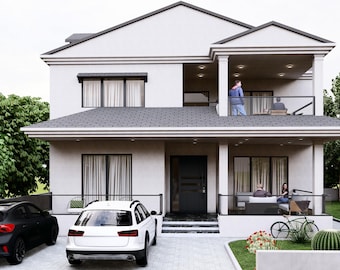 May include: A white two-story house with a black roof and a black door. There are two cars parked in front of the house, one white and one black. There are people standing on the porch and sitting on the patio.