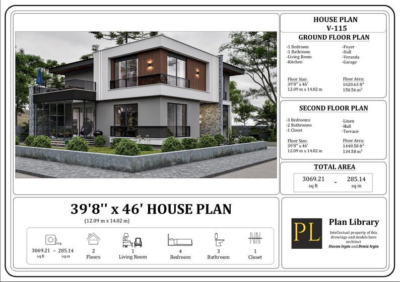 Modern 4 Bedroom 3 Bathroom House Plan: 2-story, 3069 Sqft, 285 Sqm - Etsy