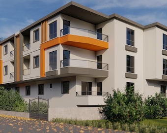 May include: A modern apartment building with a white exterior and orange accents. The building has multiple floors and balconies.