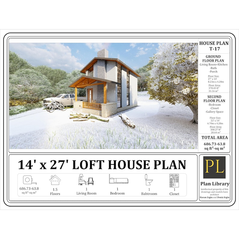Two Story Tiny House Plan: 1 Bed, 1 Bath, 686 Sq Ft (CAD File) - Etsy
