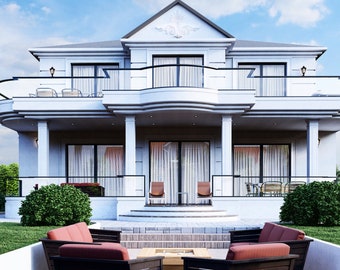 May include: A large, two-story white house with black accents, balconies, and a patio area. The house has a symmetrical design with multiple windows and doors. The patio features seating and a fire pit, surrounded by greenery.