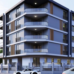 Könnte beinhalten: Ein modernes Apartmenthaus mit grauer Fassade und mehreren Balkonen mit Glasgeländern. Das Gebäude hat ein Flachdach und ist von einem schwarzen Metallzaun umgeben.