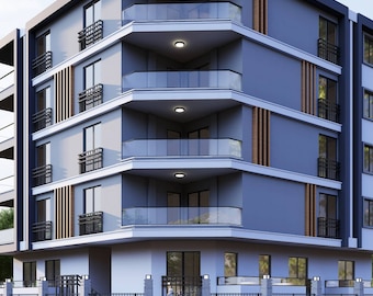 May include: A modern apartment building with a grey exterior and multiple balconies with glass railings. The building has a flat roof and is surrounded by a black metal fence.