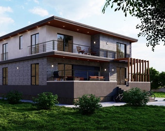 May include: A modern two-story house with a flat roof, featuring a combination of light gray stucco and dark gray stone siding. The house has multiple balconies with metal railings, large windows, and a wooden pergola. Landscaping includes green grass and bushes.