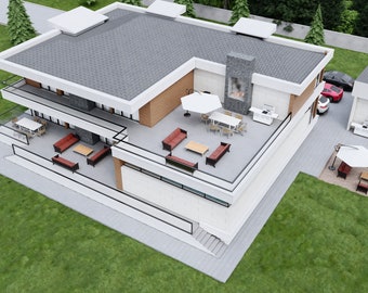 May include: An aerial view of a modern home with a large patio and a fireplace. The patio has a table and chairs, a couch, and a grill. The home has a white exterior with a gray roof. There is a small building to the right of the home with a patio and a grill.