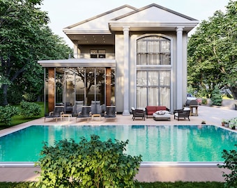 May include: A white two-story house with a large swimming pool in the backyard. The house has a glass enclosed patio and a large window on the second floor. There are trees and bushes surrounding the house and pool.