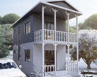 Two Story Tiny House Plan, 1 Bed 2 Bath, 770 sq ft (Free CAD File).
