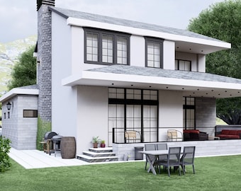 May include: A modern two-story house with a white exterior, black window frames, and a gray roof. The house has a large porch with seating and a dining area. The yard features green grass, trees, and a mountain backdrop. The image includes the text "Plan Library".