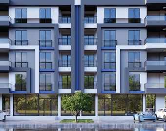May include: A modern apartment building with a gray and white exterior. The building has multiple floors with balconies and large windows. There are cars parked in front of the building.