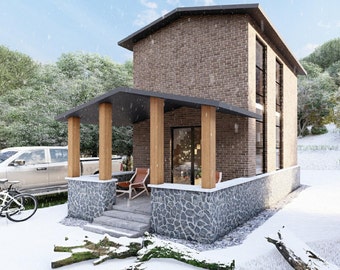 636 sq ft Tiny House Plan: 1 Bed, 2 Bath, Two-Story (PDF File)