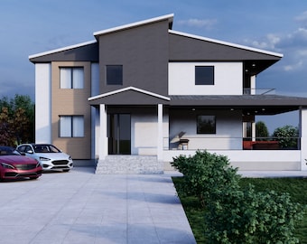 Può includere: Casa moderna a due piani con tetto piano, caratterizzata da un mix di rivestimenti bianchi, grigi e effetto legno. Un'auto rossa e un'auto bianca sono parcheggiate nel vialetto. Il paesaggio comprende cespugli e alberi verdi, con un cielo nuvoloso sullo sfondo.
