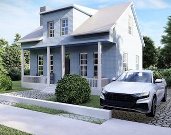 1234 Sq Ft Two-Story House Plan: 3 Bedroom, 2 Bath (Free CAD File)