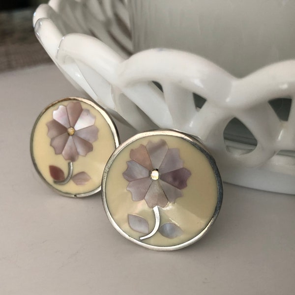 Vintage Jewelry 1960s Alpaca Silver Mother of Pearl Inlay Mexican Lavender Lilac Floral Flower Clip on Earrings Or Craft Jewelry Pieces