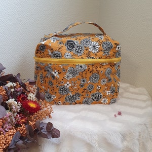 Toiletry bag - Mustard yellow, foliage and flowers