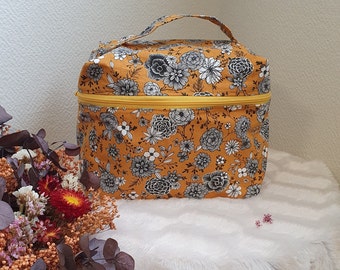 Toiletry bag - Mustard yellow, foliage and flowers