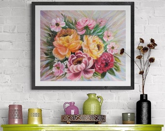 Fleurs colorées, peinture originale sur toile