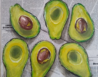 Avocado, oil painting, newspaper on stretch canvas