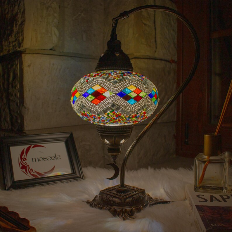 5 Variation Handmade Turkish Moroccan Mosaic Table Lamp | Swan Neck Stained Glass Bedside Light | Boho Turkish Lamp with 3 Color LED Bulb